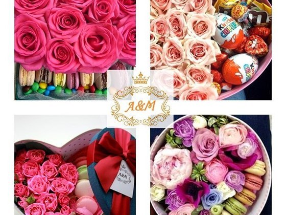 Цветы в стильных коробках со сладостями